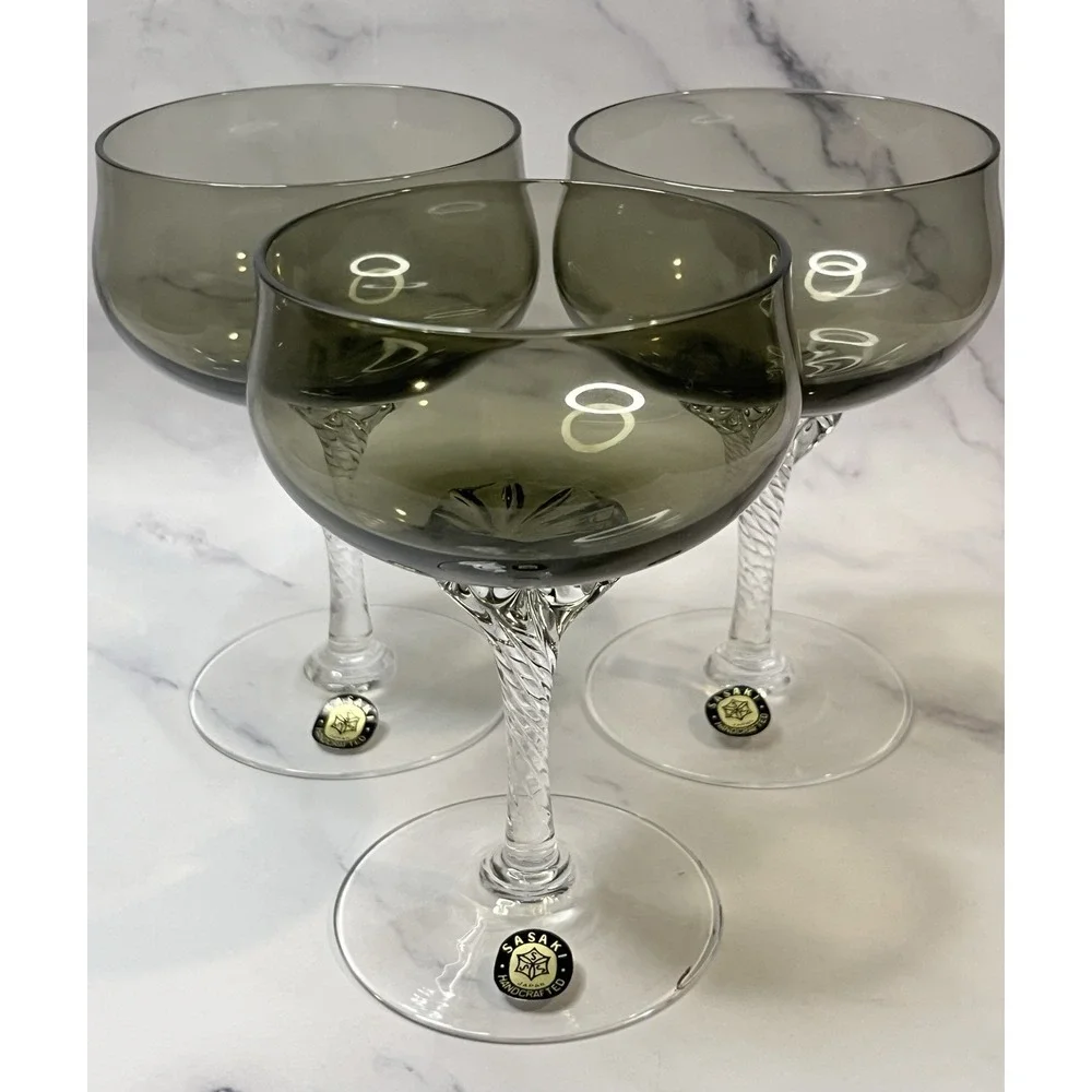 Vintage Sasaki Japan Coronation Dark Green 3 Cocktail Glasses 6 oz MCM READ